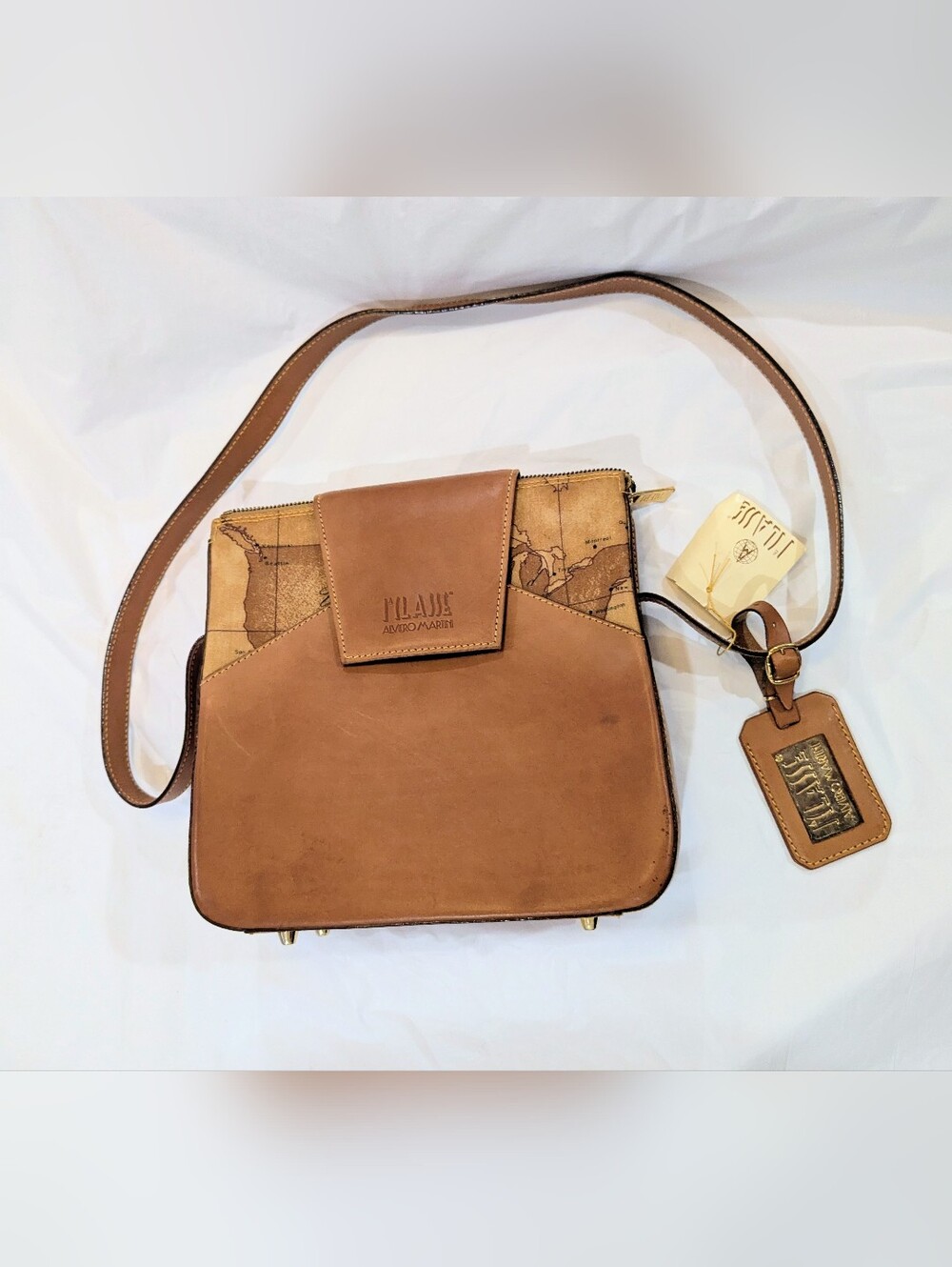 Alviero Martini Geo Map Patchwork Crossbody Bag in Cognac